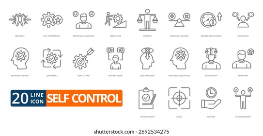 Conjunto de iconos de contorno de Ilustración vectorial de autocontrol 
