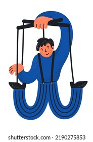 Self controling man. Free man, freedom, volition, willpower concepts illustration. Man marionette controling himself.