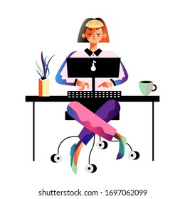 Self controlled woman working at computer sitting at table isolated on white background. Freelancer engaged in remotely online occupation at home. Work and rest schedule. Comfort workplace
