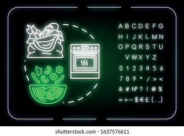 Self cooking neon light concept icon. Low cost eating, self catering, budget tourism idea. Outer glowing sign with alphabet, numbers and symbols. Vector isolated RGB color illustration