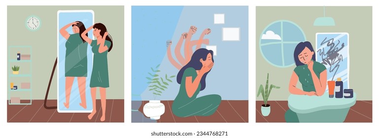 Self criticism concept set of women dissatisfied with their weight and appearance feeling depressed isolated vector illustration