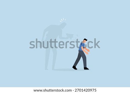 Self criticism, dejected entrepreneur casts shadow of self-accusation using megaphone. 