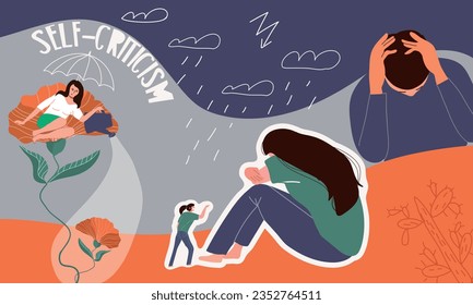 Self criticism flat collage with doodle rainy clouds and people having mental problems isolated vector illustration