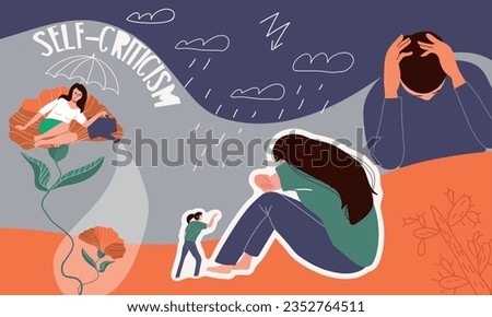 Self criticism flat collage with doodle rainy clouds and people having mental problems isolated vector illustration