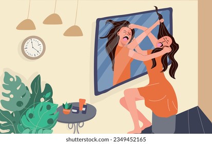 Self criticism flat concept with angry woman fighting with her mirror reflection vector illustration