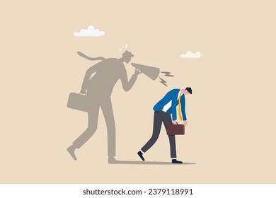 Self criticism, negative critic thinking to blame yourself, guilt or depression to rant or inner anxiety, anger or stress psychology concept, depressed businessman self shadow blame with megaphone.