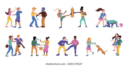 Self defence flat set of isolated compositions with doodle characters of girls punching and fighting robbers vector illustration