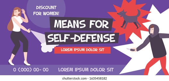 Self defense banner composition with editable advertising text phone numbers and flat human characters with threats vector illustration