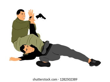 Self defense battle vector illustration. Man fighting against aggressor with gun pistol. Krav maga demonstration real situation. Combat for life against terrorist. Army skill action. Policeman arrest.
