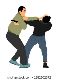 Self defense battle vector illustration. Man fighting against aggressor with gun pistol. Krav maga demonstration real situation. Combat for life against terrorist. Army skill action. Policeman arrest.