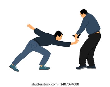 Self defense battle vector illustration. Man fighting against aggressor with gun pistol. Krav maga demonstration real situation. Combat for life against terrorist. Army skill action. Policeman arrest.