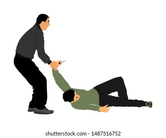Self defense battle vector illustration. Man fighting against aggressor with knife. Krav maga demonstration in real situation. Combat for life against terrorist. Army skill in action. Policeman arrest