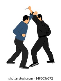 Self defense battle vector illustration. Man fighting against aggressor with knife. Krav maga demonstration in real situation. Combat for life against terrorist. Army skill in action. Policeman arrest