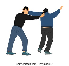 Self defense battle vector illustration. Man fighting against aggressor with gun pistol. Krav maga demonstration real situation. Combat for life against terrorist. Army skill action. Policeman arrest.