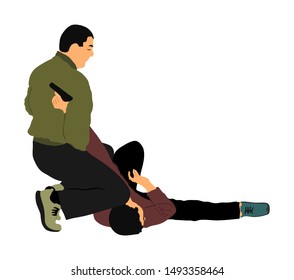 Self defense battle vector illustration. Man fighting against aggressor with gun pistol. Krav maga demonstration real situation. Combat for life against terrorist. Army skill action. Policeman arrest.