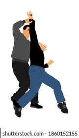 Selbstverteidigungsgefecht, Vektorgrafik. Man kämpft mit dem Messer gegen Aggressor. Demonstration von Krav Maga in der realen Situation. Kampf um Leben gegen Terroristen. Armeekompetenz in Aktion. Polizist verhaftet