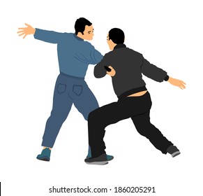 Ilustración vectorial de batalla de autodefensa. Hombre luchando contra el agresor con pistola. La verdadera situación de la manifestación de Krav Maga. Combate por la vida contra el terrorismo. Acción de habilidad del ejército. Arresto policial.
