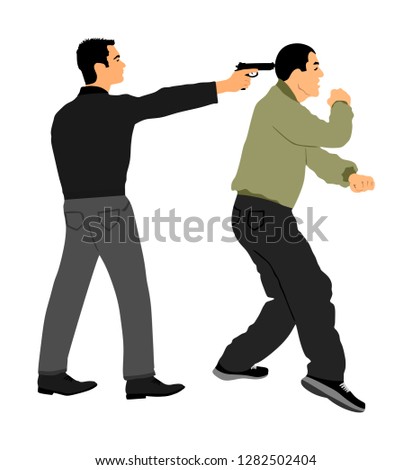 Self defense battle vector illustration. Man fighting against aggressor with gun pistol. Krav maga demonstration real situation. Combat for life against terrorist. Army skill action. Policeman arrest.