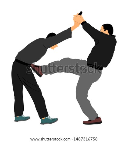 Self defense battle vector illustration. Man fighting against aggressor with gun pistol. Krav maga demonstration real situation. Combat for life against terrorist. Army skill action. Policeman arrest.
