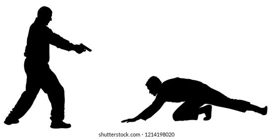 Self defense battle vector silhouette illustration isolated. Man fight against aggressor with gun pistol. Street fighter real situation. Combat for life against terrorist. Army skill policeman arrest.