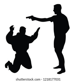 Self defense battle vector silhouette illustration. Man fighting against aggressor with gun or knife. Krav maga demonstration in real situation. Combat for life against terrorist. Army skill action.