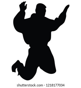 Self defense battle vector silhouette illustration. Man fighting against aggressor with gun or knife. Krav maga demonstration in real situation. Combat for life against terrorist. Army skill action.