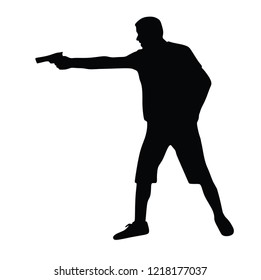 Self defense battle vector silhouette illustration. Man fighting against aggressor with gun or knife. Krav maga demonstration in real situation. Combat for life against terrorist. Army skill action.