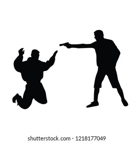 Self defense battle vector silhouette illustration. Man fighting against aggressor with gun or knife. Krav maga demonstration in real situation. Combat for life against terrorist. Army skill action.