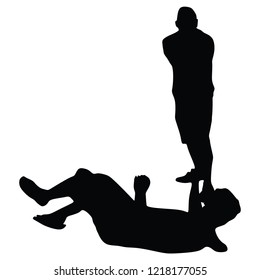 Self defense battle vector silhouette illustration. Man fighting against aggressor with gun or knife. Krav maga demonstration in real situation. Combat for life against terrorist. Army skill action.
