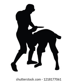 Self defense battle vector silhouette illustration. Man fighting against aggressor with gun or knife. Krav maga demonstration in real situation. Combat for life against terrorist. Army skill action.