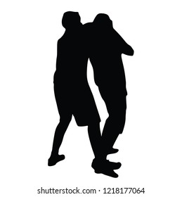 Self defense battle vector silhouette illustration. Man fighting against aggressor with gun or knife. Krav maga demonstration in real situation. Combat for life against terrorist. Army skill action.