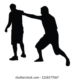 Self defense battle vector silhouette illustration. Man fighting against aggressor with gun or knife. Krav maga demonstration in real situation. Combat for life against terrorist. Army skill action.