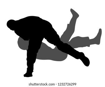 Self defense battle vector silhouette. Man fighting against aggressor with gun pistol. Krav maga demonstration in real situation. Combat for life against terrorist. Army skill action. policeman arrest