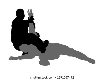 Self defense battle vector silhouette illustration isolated. Man fight against aggressor with knife or gun. Street fighter situation. Combat for life against terrorist. Army skill policeman arrest.