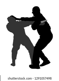 Self defense battle vector silhouette illustration isolated. Man fight against aggressor with gun pistol. Street fighter real situation. Combat for life against terrorist. Army skill policeman arrest.