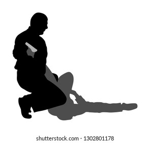 Self defense battle vector silhouette illustration isolated. Man fight against aggressor with gun pistol. Street fighter real situation. Combat for life against terrorist. Army skill policeman arrest.