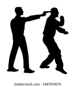 Self defense battle vector silhouette illustration isolated. Man fight against aggressor with gun pistol. Street fighter real situation. Combat for life against terrorist. Army skill policeman arrest.