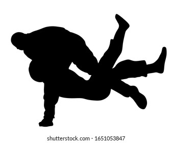 Selbstverteidigung Kampf Vektorillustration Silhouette. Man kämpft mit dem Messer gegen Aggressor. Demonstration von Krav Maga in der realen Situation. Kampf um Leben gegen Terroristen. Armeekompetenz in Aktion. Polizist verhaftet