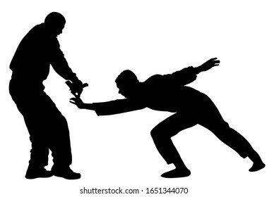 Self defense battle vector silhouette illustration isolated. Man fight against aggressor with gun pistol. Street fighter real situation. Combat for life against terrorist. Army skill policeman arrest.