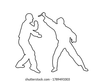 Silueta vectorial de batalla de autodefensa. Hombre luchando contra el agresor con contorno de línea de cuchillo. Detengan la verdadera situación. Combate por la vida contra el terrorismo. La habilidad del ejército en acción. Arresto policial