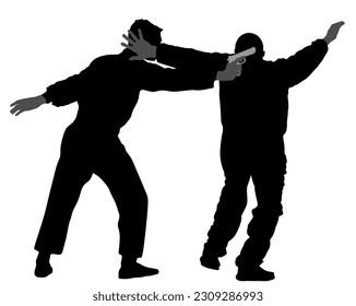 Self defense battle vector silhouette illustration isolated. Man fight against aggressor with gun pistol. Street fighter real situation. Combat for life against terrorist. Army skill policeman arrest.