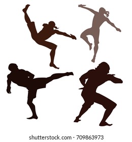 Self defense battle vector silhouette illustration. Man fighting against aggressor with knife. Krav maga demonstration in real situation. Combat for life against terrorist. Army skill in action.