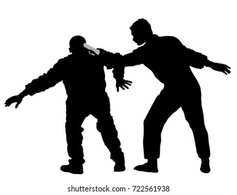 Self defense battle vector silhouette illustration isolated. Man fight against aggressor with gun pistol. Street fighter real situation. Combat for life against terrorist. Army skill policeman arrest.