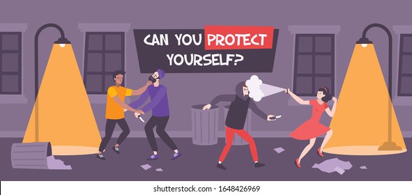 Self defense bully flat composition with text and backstreet scenery with people struggling against street hooligans vector illustration