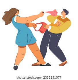 Self defense classes and protection lessons for women. Isolated woman trying to beat thief stealing bag. Practicing on how to defeat enemy and stay safe. Lady using eye spray. Vector in flat style