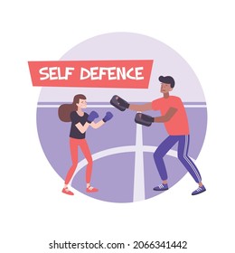 Self defense composition with flat characters of male boxing coach and female trainee with editable text vector illustration