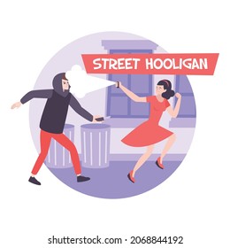 Self defense composition with flat characters of running girl spraying pepper to hooligans face with text vector illustration