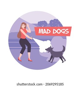 Self defense composition with flat characters of running girl spraying pepper to mad dogs with text vector illustration