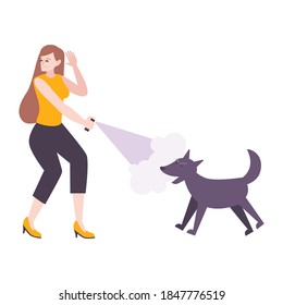Self defense flat composition with angry wild dog and woman with pepper spray vector illustration