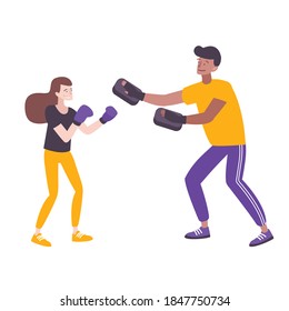 Self defense flat composition with doodle style characters of boxing woman and male instructor vector illustration